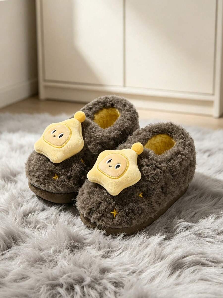 New Cartoon Star Children's Warm Slippers, Thick Soft Sole Fur Slippers For Boys And Girls, Suitable For Indoor Warmth In Autumn And Winter - Coffee Brown - View 1