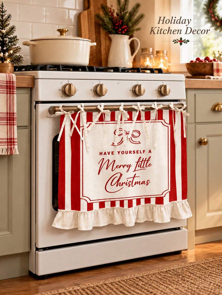 2D Flat, 2D Red And White Striped Ruffled Multi-Functional Decorative Curtain, Suitable Kitchen Skirt, Oven Cover, Washing, Dishwasher, Bathroom Window Decoration, And Kitchen, Halloween Kitchen Apron,Christmas Kitchen Apron - Multicolor - View 1