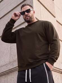 Plus Size Men's Casual Solid Color Crew Neck Sweatshirt, Minimalist Clean Design Drop Shoulder Long Sleeve Top - Coffee Brown - View 1