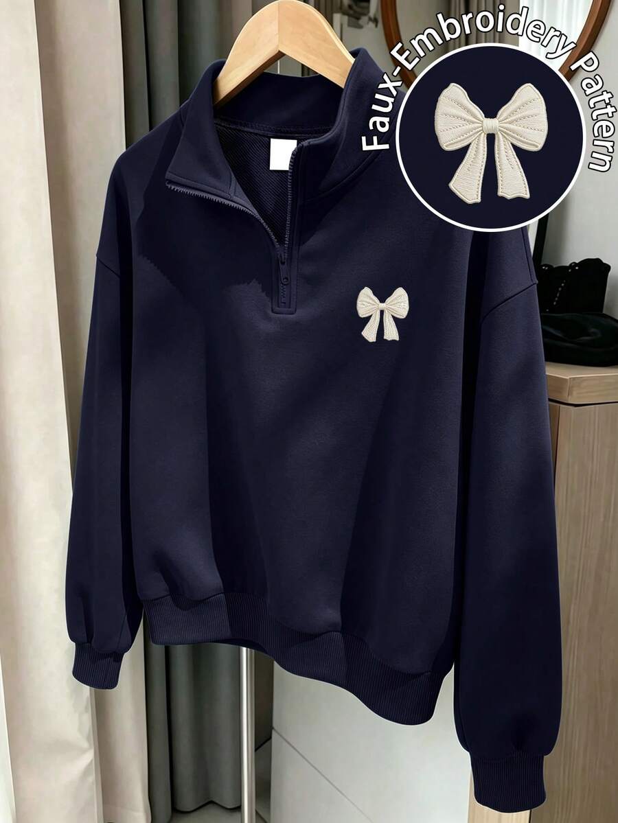 1件女童長袖半拉鍊翻領運動衫,蝴蝶結刺繡印花,秋冬新款舒適上衣,適合女童日常穿著 - 藏蓝色 - 查看 1