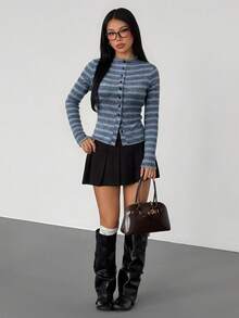VENORA Striped Mock Neck Button Front Long Sleeve Knit Top, Slim Fit Fall Casual Cardigan Tee,Business,Basic,Sexy,Y2k,Ins,Halloween,Fall/Winter - Grey - View 2