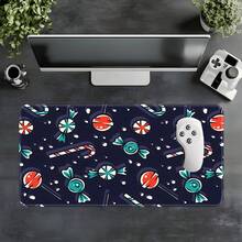 1pc Deep Navy Christmas Candy Pattern Large Extended Mouse Pad - Extended Navy Blue Base Christmas Candy Print Desktop Keyboard Mat, Stitched Edge Soft Fabric Material, Non-Slip Rubber Bottom. Smooth Fabric Surface, Precise Mouse Movement, Suitable For Home Office, Gaming, Can Be Given As A Christmas Gift To Friends. - View 5