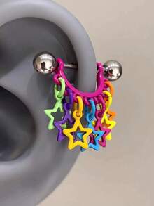 1pc Star Dangle Earrings Multi-Color Internally Threaded Flat Back Screw Labret Stud Cartilage Lobe Piercing Jewelry Women Y2K Aesthetic Single Ear - Silver - View 4