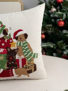 1pc Christmas Puppy Embroidery Pillow Case, Suitable For Indoor Decoration, Christmas Decorative Pillow Cover, Without Insert - Multicolor - View 6