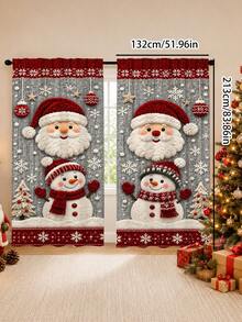 2Pcs Santa Claus & Snowman Christmas Snowflake Pattern Printed Semi-Sheer Rod Pocket Holiday Window Curtains, Cute Cartoon Design, Suitable For Living Room And Bedroom, Rod Not Included, Machine Washable - C - View 11