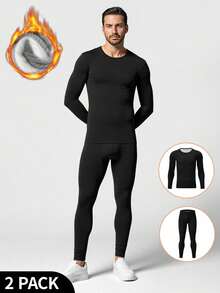 2pcs Men's Fashion Thermal Underwear Set, Autumn/Winter Warm Base Layer Knit Sweater - Black - View 1