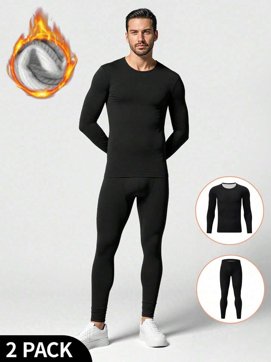 2pcs Men's Fashion Thermal Underwear Set, Autumn/Winter Warm Base Layer Knit Sweater - Black - View 1