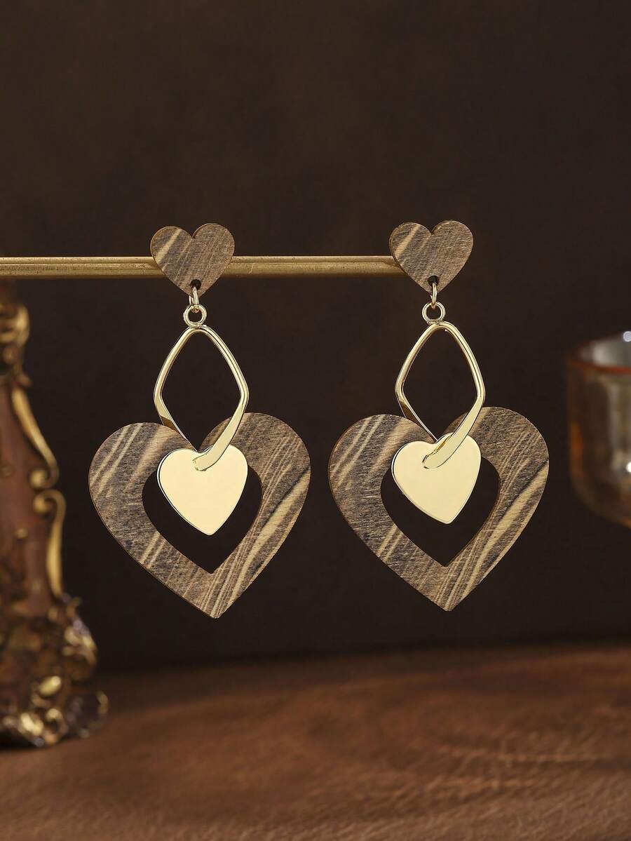 1 Pair Bohemian Earrings, Wooden & Metal Spliced Vintage Geometric ...