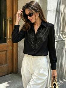 Women's Autumn Sequin Patchwork Front Button Daily Shirt - Black - View 6