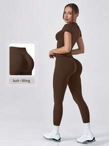 NcmRyu Women's One Set Solid Color Ribbed Seamless Crew Neck Short Sleeve Soft High Waist Ruched Athletic Tight Long Pants Set - Mocha Brown - View 3