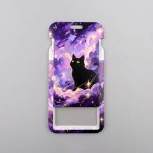 1 Piece Purple Galaxy Black Cat Print Lanyard With Card Holder, Mystic Starry Sky ID Badge Holder Neck Strap For Student Office Work Card, Lovely Gift - Multicolor - View 7