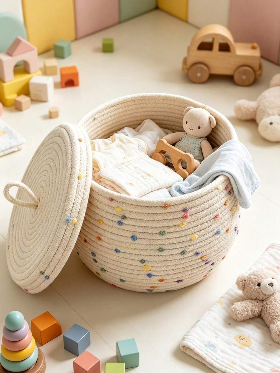 Giỏ lưu trữ dây bện họa tiết chấm màu có nắp, hộp đựng trang trí tròn cho kẹp tóc em bé, đồ chơi nhỏ và đồ dùng lặt vặt trong phòng trẻ - Nhiều màu - Xem 1