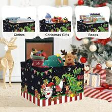 1pc Christmas Gnome HO HO HO Print Storage Basket With Handle, Collapsible Rectangular Fabric Storage Bin, Home Decor Organizer For Bedroom Closet - Black - View 3