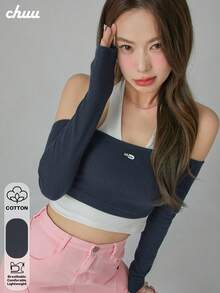 CHUU Sweet & Spicy 女款假兩件式長袖 T-shirt，秋季露肩短版上衣，獨特設計 - 藏蓝色 - 查看 1