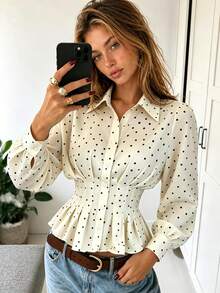 SuofeiMan Women's White Polka Dot Blouse, Long Puff Sleeve Collared Button-Up Top With Ruffle Hem, Casual White Dress-Style Top, Suitable For Daily Commute And Party, Autumn/Winter Essential - Beige - View 1