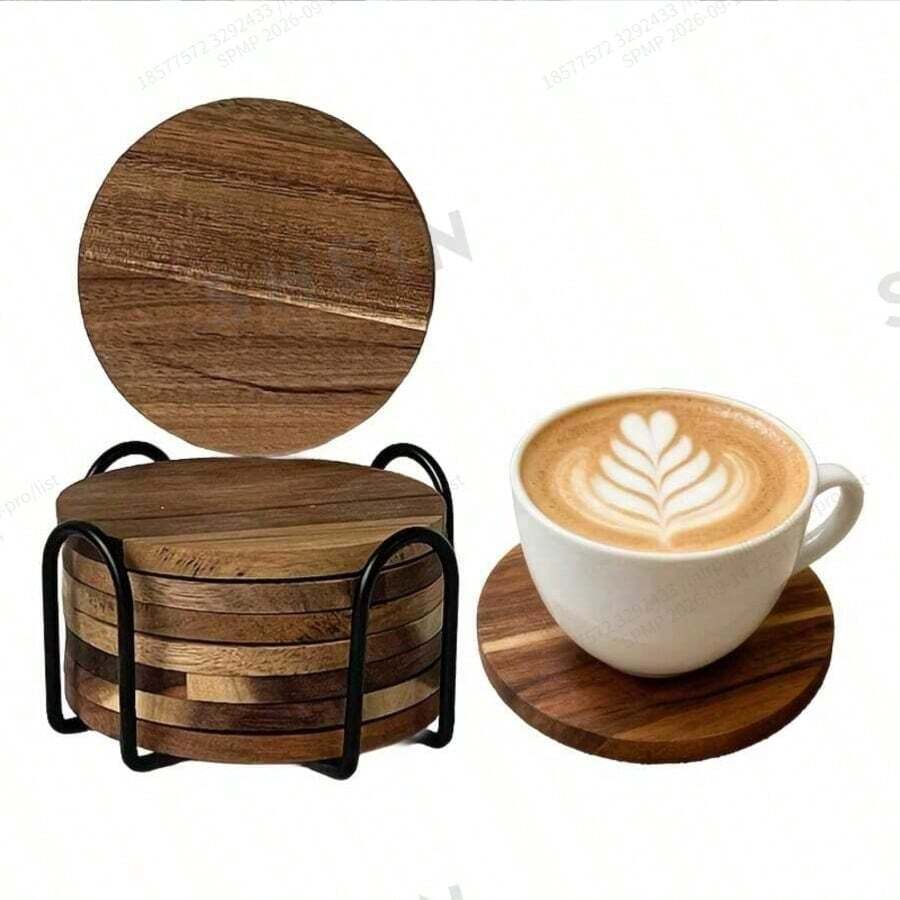 3pcs/8pcs Set Acacia Wood Coasters With Holder, Modern Rustic Style Coffee Table Bar Home Decor Drink Coasters, Heat-Resistant Tabletop Protection Pads, Handmade Natural Wood Beverage Mats, Outdoor Camping RV Kitchen Accessories - Multicolor - View 1