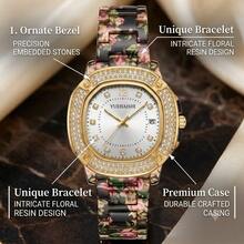 Women's Fashion Analog Watch Oval Case Sparkling Stone Bezel Floral Pattern Metal Strap Date Display Casual Wristwatch - Mouldless - View 5