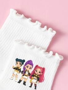 KPop Demon Hunters 1/5 Pairs Girls' Ruffled Mid-Calf Socks, Idol Q-Version Cartoon Print, Sweet Cool Korean Style Ruffle Edge, High Elasticity Non-Constricting Ankle, Skin-Friendly Breathable Durable Washable Non-Deforming, School/Daily Wear, Suitable For Halloween, Christmas Holiday Looks, Girls' All-Season Versatile Socks, Birthday Holiday Gift, Little Girls' Outfit Accessory - Multicolor - View 8