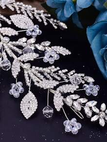 1Pc Luxury Bride Hair Pieces Silver Color Leaf Headband Rhinestone Wedding Headpieces Handmade Party Prom Hair Accessories - Silver - View 7
