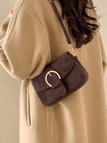 Women's Flap Small Handbag, Fashion Metal Buckle Decor Square Bag, Shoulder Crossbody Bag - Coffee Brown - View 8