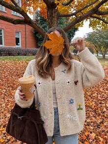 Colorful Floral Embroidery & Relaxed Fit, Women's Apricot Crew Neck Button Front Cardigan Sweater, Fall Outfit, Halloween, Christmas, Lunar New Year - Apricot - View 5