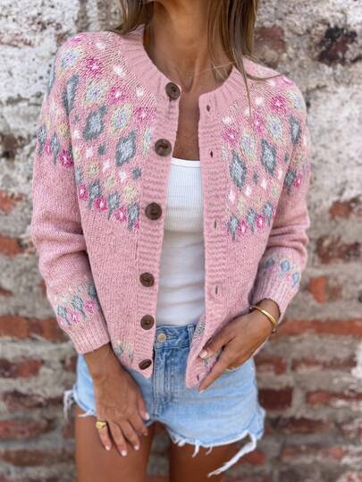 Women's Pink Cardigan Sweater With Floral Pattern Button Details, Long Sleeve Fall Winter Cozy Knitwear For Women