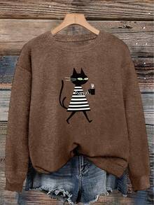 Pull décontracté à manches longues col ras-du-cou imprimé chat noir rayé pour femmes grandes tailles - ocre foncé - Voir 6