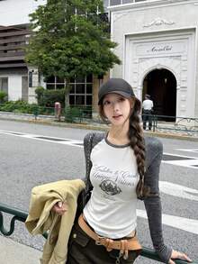 Chic Casual Versatile Striped Round Neck Colorblock Slim Fit Women Long Sleeve Autumn Top - Black and White - View 3