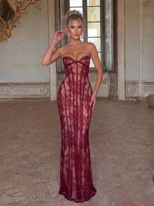 Elegant Strapless Backless Tie-Up Fitted Long Evening Dress, Women's First Choice For Evening Party - Burgundy - View 3