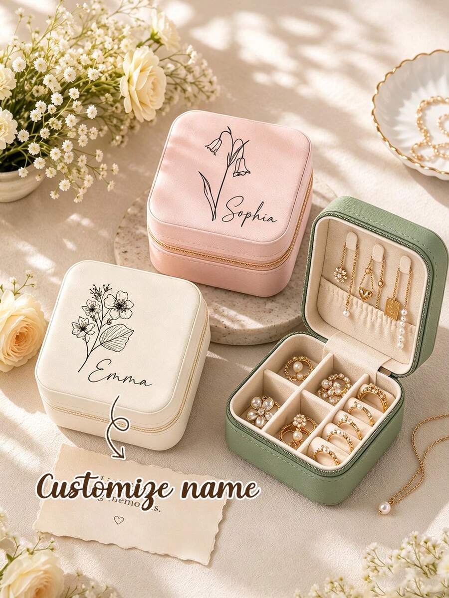 Personalized Birthday Flower Jewelry Box, Customized Name Travel Jewelry Box, Bridesmaid Gift, Birthday Gift For Her, Wedding Party Gift - Multicolor - View 1