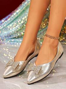 Women's Elegant Versatile Bow Pointed Toe Thin Sole Flat Shoes - Gold - View 5