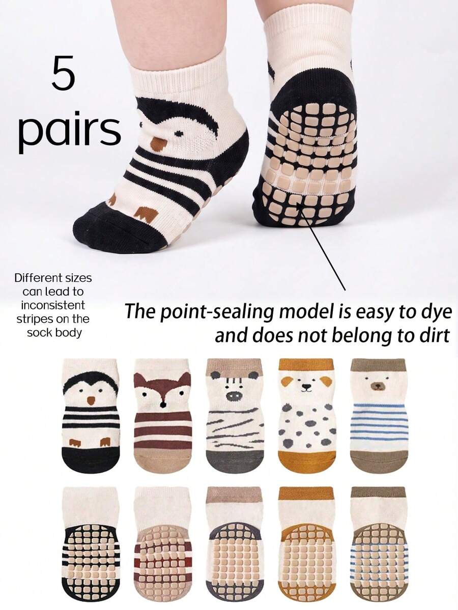 5 Pairs Cartoon Dot Grip Socks For Kids, Anti-Slip Breathable Toddler Socks, Cute Animal Design, Anti-Fall Walking Socks For Boys And Girls - Multicolor - View 1