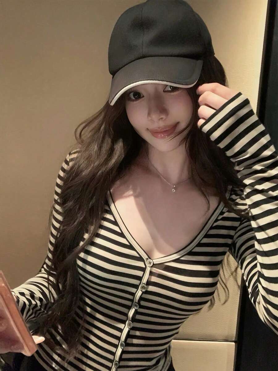 Minimalist Commute Lyocell V-Neck Striped Slim Fit Women's Top Black - Black - View 1