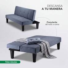 Sofá Cama Reclinable Plegable de 3 Plazas Color Azul 167x45x76.5 cm| Sofá Convertible Tapizado en Tela con Botones| Patas de Madera Negras sin Brazos| para Sala Estar Recámara y Espacios Reducidos| Fácil de Armar - Azul - Ver 4