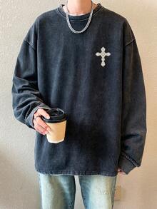 男士水洗做舊效果圓領寬鬆落肩輕量面料長袖上衣 - 黑色 - 查看 4