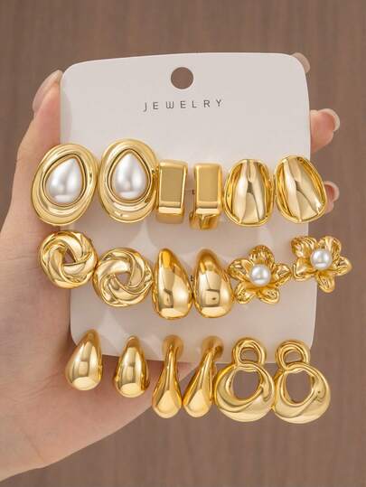 6/18PCS Set Anting-Anting Wanita Modis Bentuk C, Tetesan Air, dan Geometris dengan Motif Bunga Indah, Mutiara Imitasi Bulat, dan Multi-Elemen, Set Anting-Anting Premium Elegan dan Terlaris Musiman, Cocok untuk Pemakaian Sehari-hari