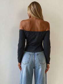 Women's Navy Pinstripe Off Shoulder Long Sleeve Crop Top Fitted Blouse - Dark Grey - View 4
