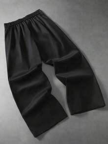 Men's Solid Color Semi-Elastic Waist Pleated Wide Leg Dress Pants, Loose Drape Casual Straight Leg Trousers - Black - View 3