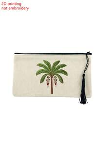 Tas Kosmetik Kanvas Beige dengan Resleting, Dicetak dengan Motif Pohon Kelapa, Dilengkapi Rumbai, Dapat Digunakan Sebagai Tas Perlengkapan Mandi, Tas Penyimpanan Perjalanan, Tas Alat Tulis - MultiWarna - View 10