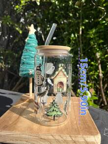 Iced Coffee Snowman Glass Straw Cup, Cute Hat Snowman, Fairy Tale Cottage, Green Christmas Tree And Snowflake, Transparent Heat-Resistant Material, Includes Bamboo Lid And Transparent Straw, Exquisite Details, Full Christmas Ritual - Multicolor - View 3
