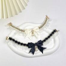 1pc Cute Pearl Bow Cat Tie Collar, Knitted Pet Bib Scarf, Photo Prop For Pets - Black - View 8