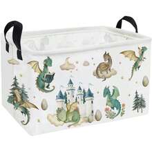 1pc Cute Dragon Castle Print Storage Basket With Handle, Collapsible Rectangular Fabric Storage Bin, Home Decor Organizer For Bedroom Closet - Beige - View 7