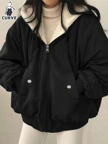 Plus Size Women Autumn/Winter Double-Sided Wearable Lamb Fleece Jacket Plus Size Silhouette Slimming Casual Versatile Cargo Style Style Warm Two-Way Jacket Top - Black and White - View 1
