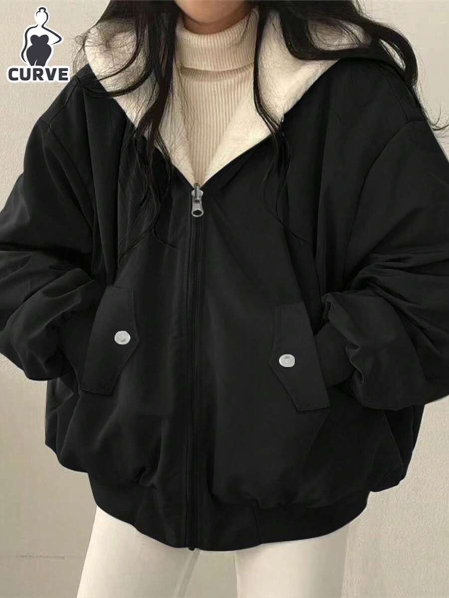 Plus Size Women Autumn/Winter Double-Sided Wearable Lamb Fleece Jacket Plus Size Silhouette Slimming Casual Versatile Cargo Style Style Warm Two-Way Jacket Top - Black and White - View 1