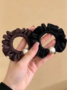 1pc Ruffle Edge Pearl Gentle Luxury Style Satin Fabric Scrunchie, Spring/Autumn High Elasticity Non-Damaging Simple Hair Tie - Multicolor - View 6