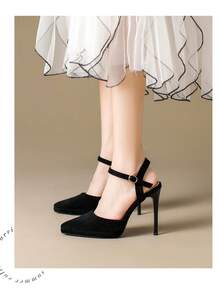 1 Pair Solid Color Business Fabric Buckle Waterproof Platform High Heel Ankle Strap Stiletto Pointed Toe Sandals For Outdoor Spring Autumn - Black - View 5