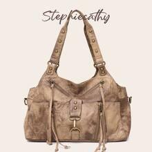 STEPHIECATHY Women's Bucket Shoulder Bag, Textured Washed PU Vegan Leather Handbag, Large Capacity, Multi-Pocket, Tote Crossbody Bag, Daily Casual Commute Travel - Multicolor - View 15