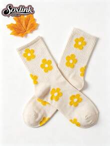 1 Pair Summer Yellow Floral Mid-Calf Socks For Women - Yellow - View 6