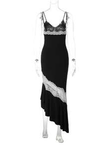 Women's Sexy Backless Lace Ruffle Patchwork Spaghetti Strap Maxi Dress, Vintage Elegant, 10cm - Black - View 10