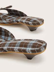 Sandal nữ đi làm văn phòng dáng slip-on gót thấp, mũi vuông hở ngón, màu xanh nhạt, họa tiết kẻ caro thắt nơ thanh lịch cho Giáng Sinh - Màu xanh nhạt - Xem 4